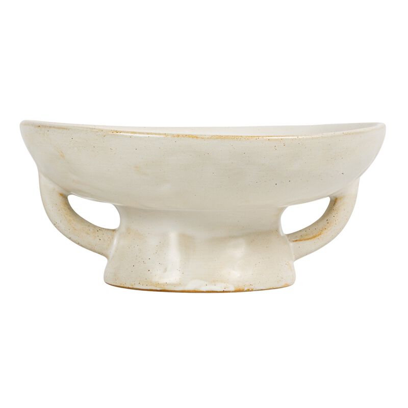 Stoneware Footed Pedestal/Bowl with Handles, Reactive Glaze, White image number 2