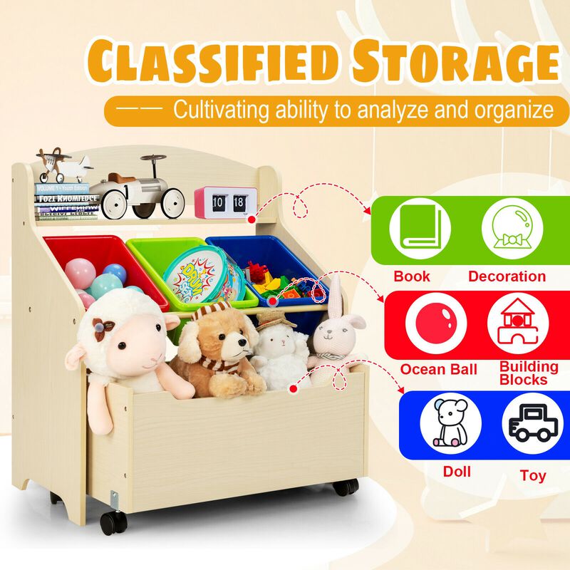 Children&rsquo;s Rolling Toy Storage Unit with Wooden Frame and Plastic Bins