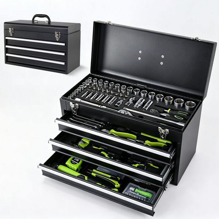 465-Piece Mechanics Tool Set with 3-Drawer Heavy Duty Metal Storage Box, Complete Home Repair Tool Kit