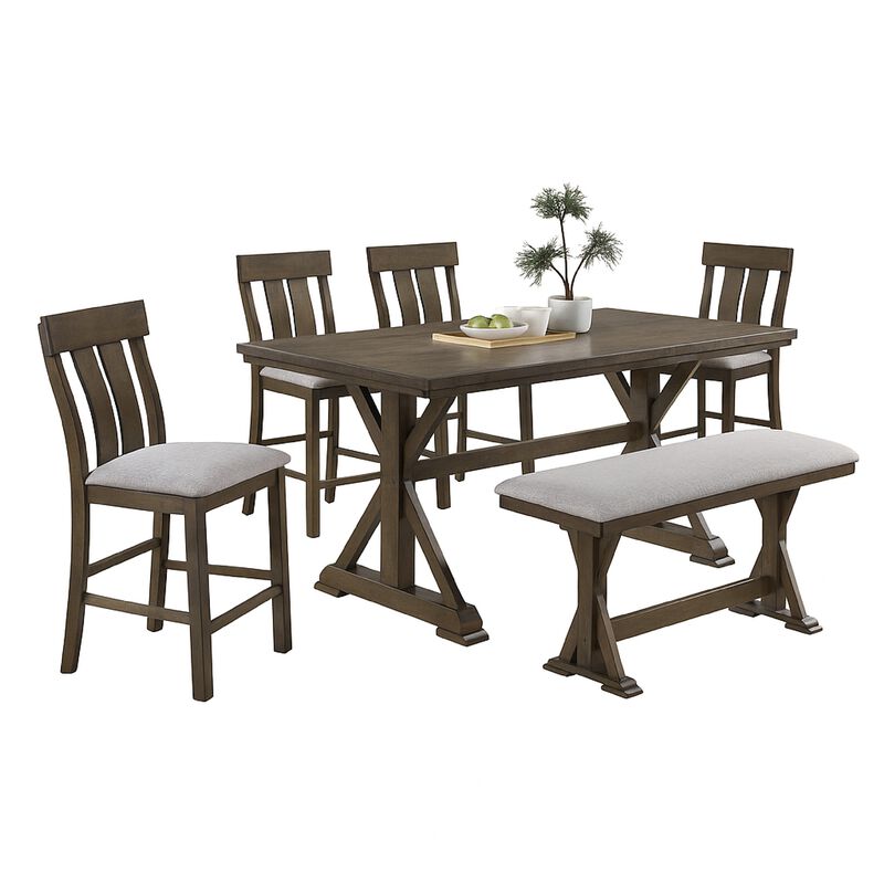 Omal Counter Height Dining Chair Set of 2, Brown Slatted Back, Gray Fabric image number 2