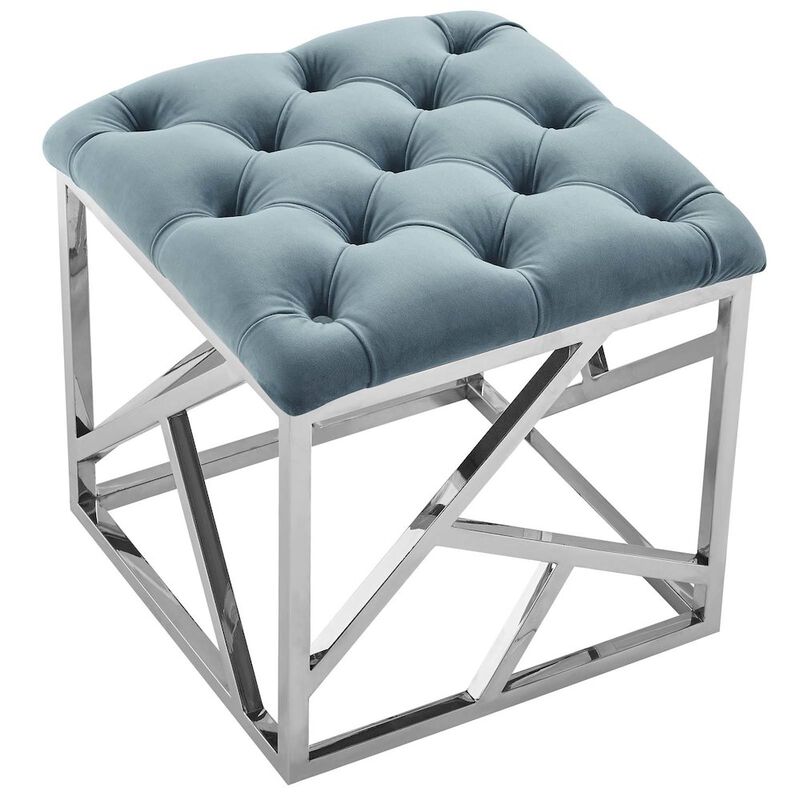 Modway Intersperse Tufted Modern Ottoman With Silver Stainless Steel Geometric Frame In Sea Blue image number 2