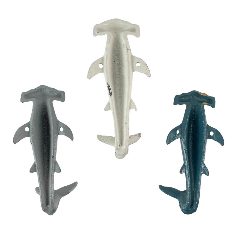 Charming Hammerhead Shark Wall Hooks Set &ndash; Decorative Cast Iron Hooks in Blue, Gray, and White, Nautical Decor for Beachy Spaces, 5 Inches High image number 3