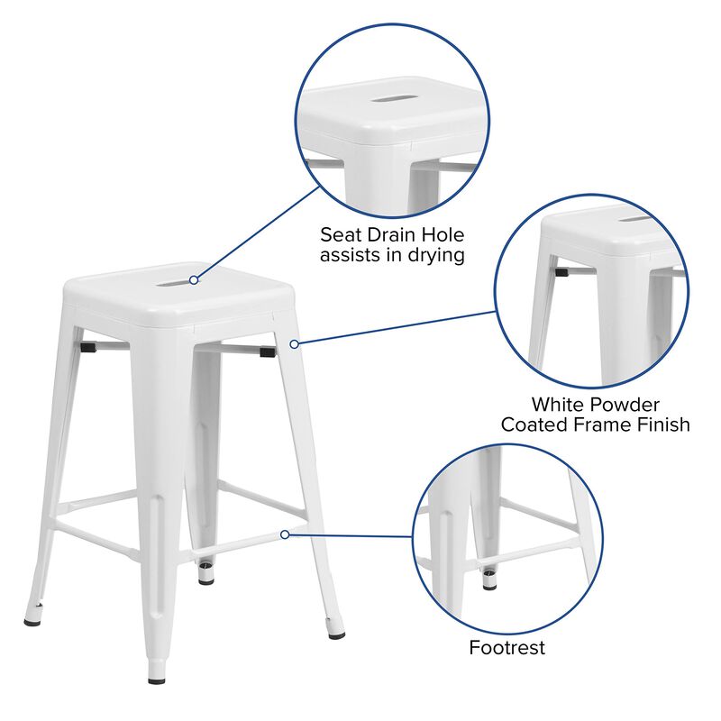 Flash Furniture Kai Commercial Grade 24" High Backless White Metal Indoor-Outdoor Counter Height Stool with Square Seat image number 2