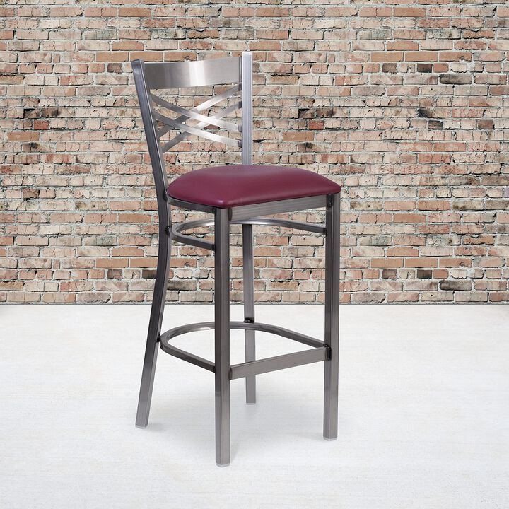 Flash Furniture HERCULES Series Clear Coated ''X'' Back Metal Restaurant Barstool - Burgundy Vinyl Seat