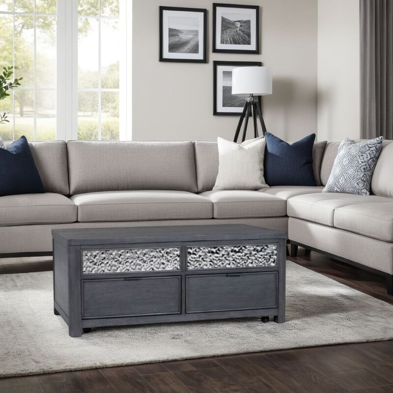 Zoko Lift Top Coffee Table w Wheels, 2 Drawers, Ash Gray Wood, 46 Inch - Benzara