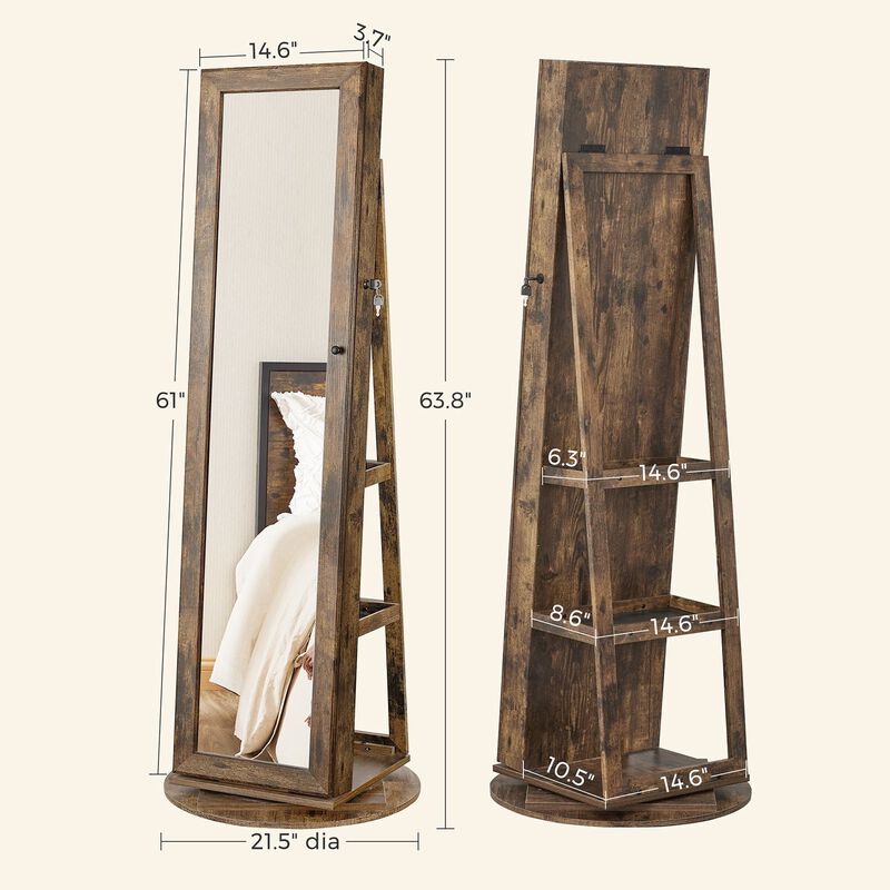 360&deg; Swivel Lockable Jewelry Cabinet with Full-Length Mirror, Rear Storage Shelves, and Built-In Small Mirror