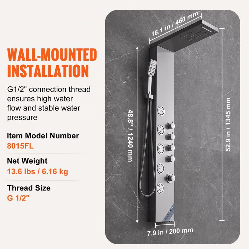 Shower Panel System with 4 Modes, 5 Full Body Jets, Handheld Shower and Hose-Silver image number 2