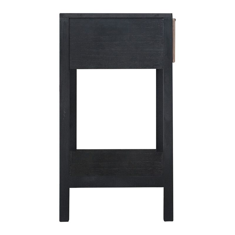 Rosette 22 Inch Side End Table, Natural Brown Rattan Front Drawer, Open Shelf, Black Mango Wood Frame - Benzara