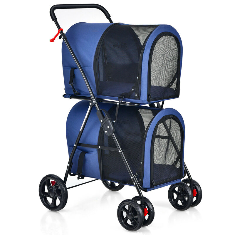 Costway 4-in-1 Double Pet Stroller w/ Detachable Carrier Travel Carriage for Cats Blue