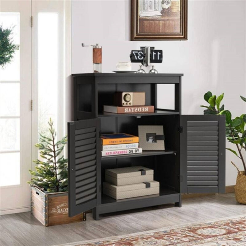 Rustic Farmhouse Linen Tower Cabinet with Slatted Doors and Open Shelf