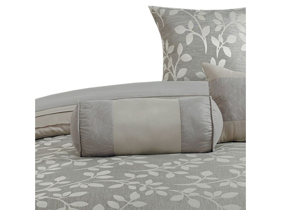 King Size 7 Piece Fabric Comforter Set with Leaf Prints, Gray - Benzara