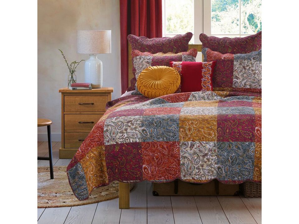 3 Piece Full Size Quilt Set, Soft Cotton, Paisley Print, Multicolor - Benzara