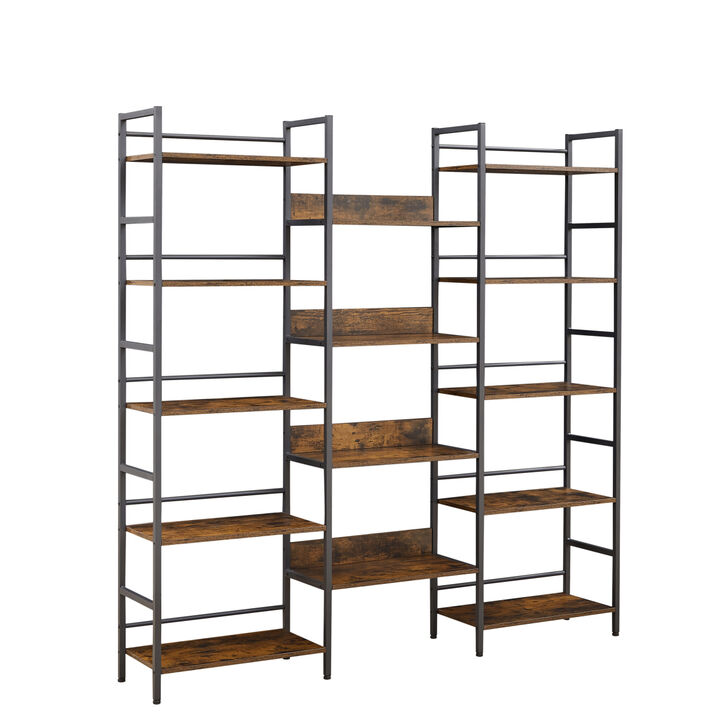 Triple Wide 5-shelf Bookshelves Industrial Retro Wooden Style Home and Office Large Open Bookshelves, Rustic Brown, 69.3 Console Table x 11.8 Console Table x 70.1 Console Table