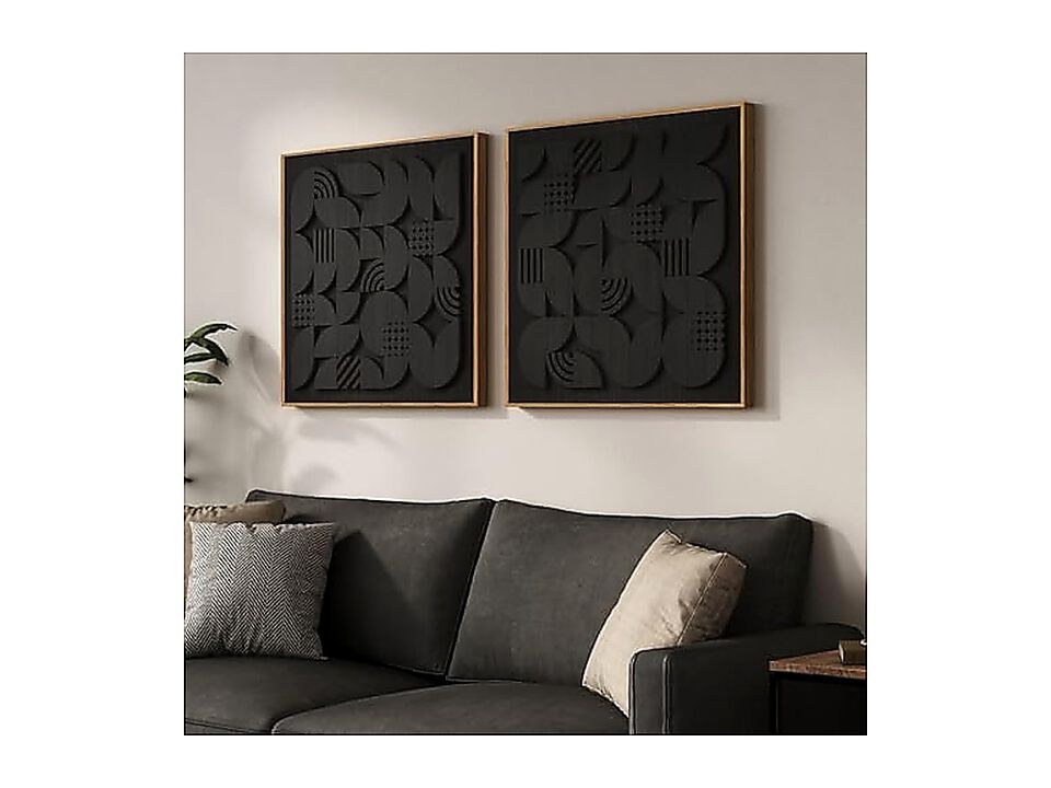 Framed Black 3D Wood Wall Art Set 2 Modern Minimalist Geometric Walls Abstract