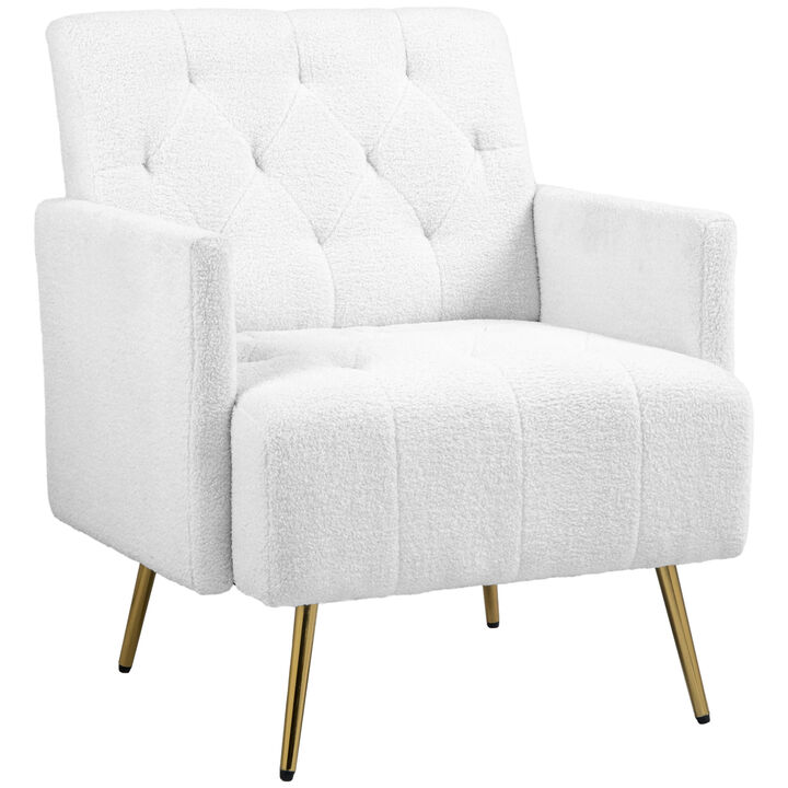 HOMCOM Modern Sherpa Accent Chair, Upholstered Tufted Armchair with Gold Steel Legs, Fabric Reading Chair for Living Room and Bedroom, White