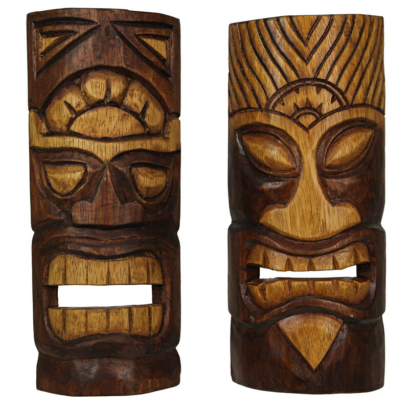 12 Inch Natural Wood Hand Carved Tiki Mask Wall Art Tropical Beach Home Set of 2 image number 0