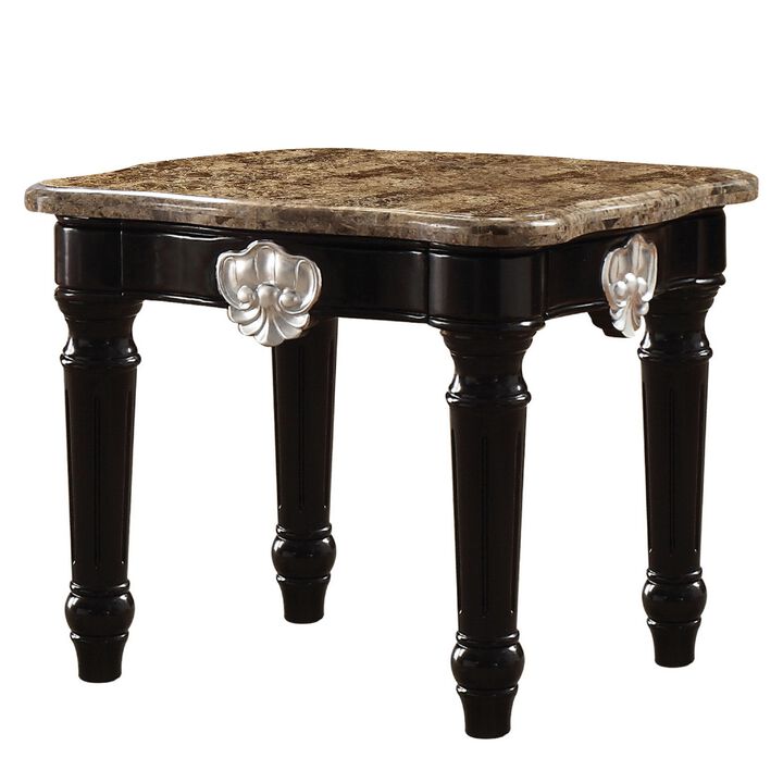 Marble Top End Table With Contrast Carved Motif Turned Wood Legs, Black-Benzara