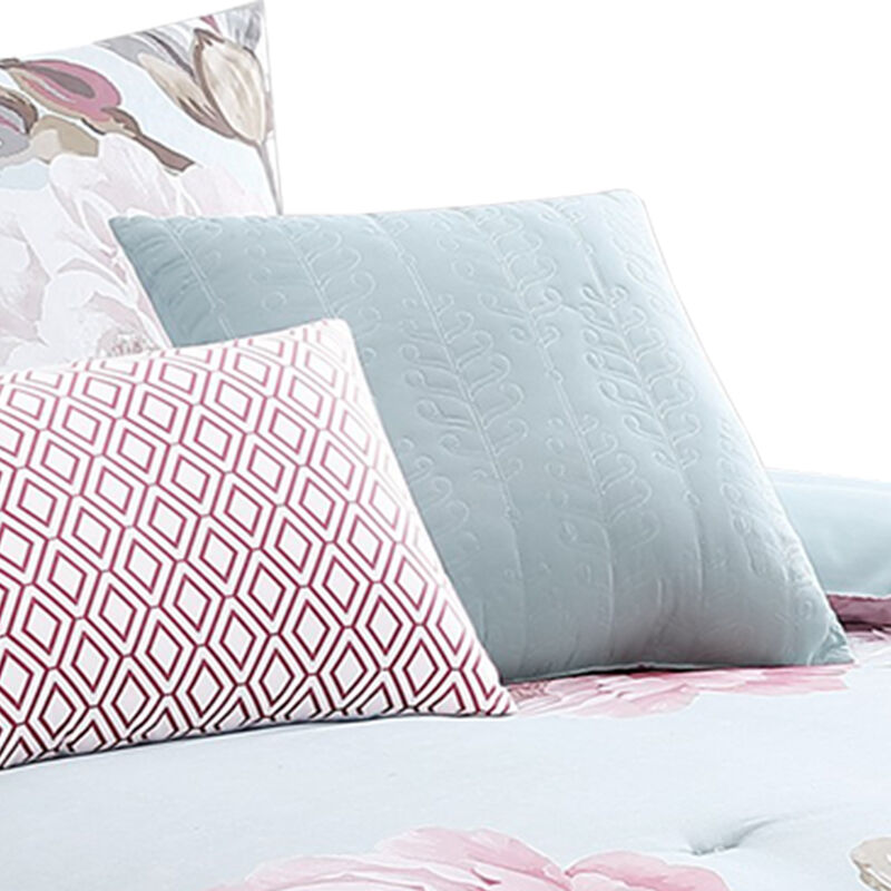 Queen Size 7 Piece Fabric Comforter Set with Floral Prints, Multicolor - Benzara