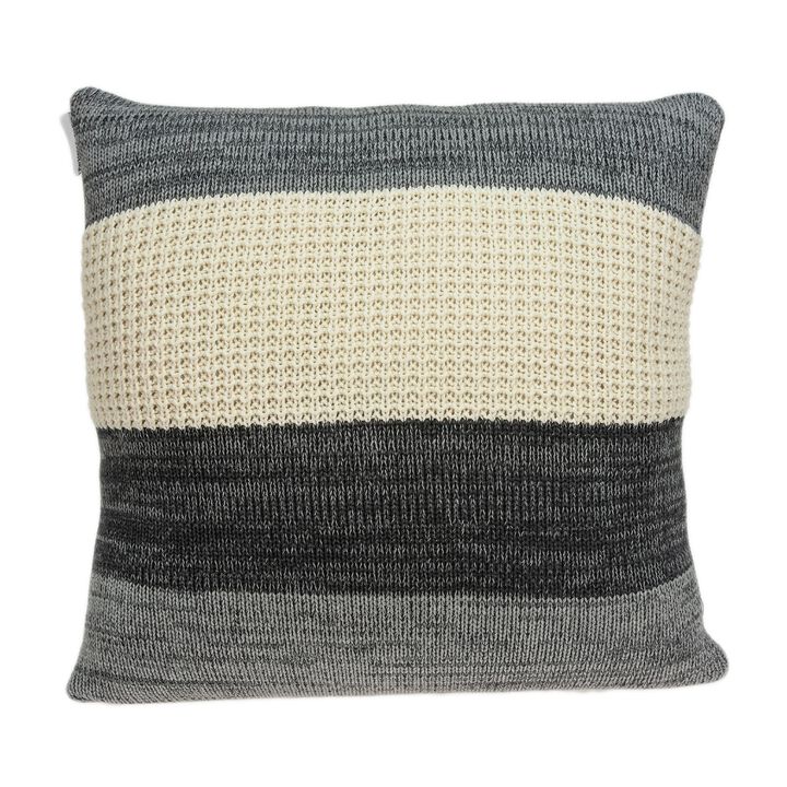 20" Gray and Beige Knitted Striped Transitional Square Throw Pillow