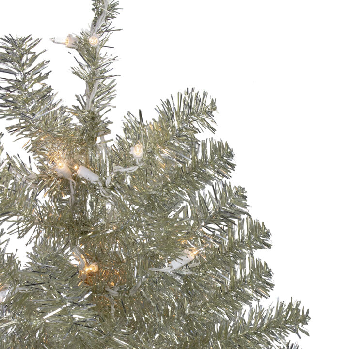 3' Metallic Platinum Artificial Tinsel Christmas Tree - Clear Lights