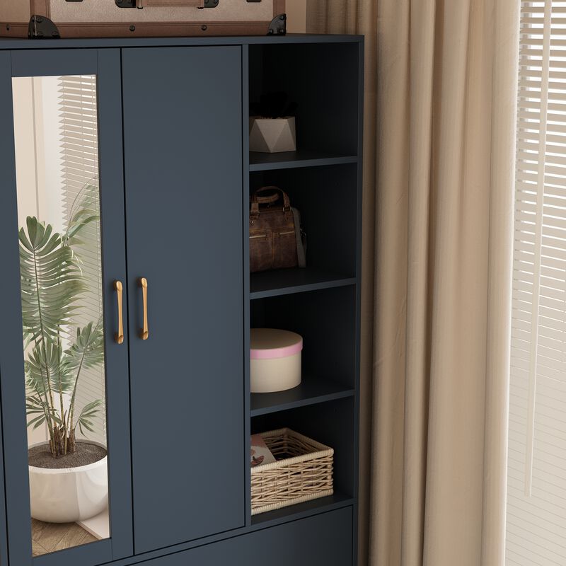 Blue Wood 35.5 in. W Armoires Wardrobe With Mirror, Pulling Hanging Rod, Drawers, Shelves 15.8 in. D x 70.8 in. H