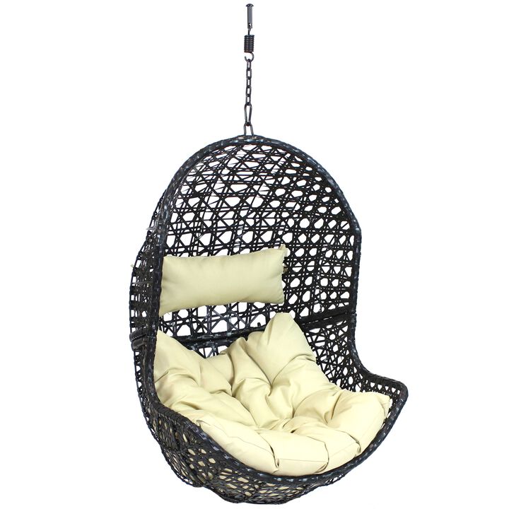 Sunnydaze Black Resin Wicker Basket Hanging Egg Chair with Cushions - Beige