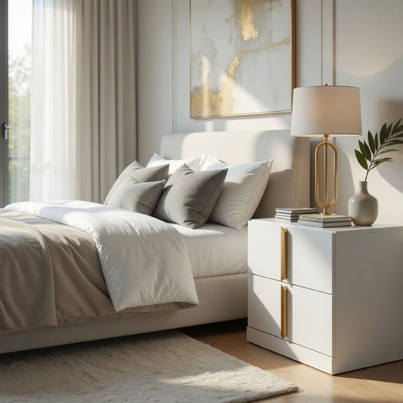 Orion Nightstand with 2 Drawers, Gold Metal Pulls, White Gloss Wood image number 8
