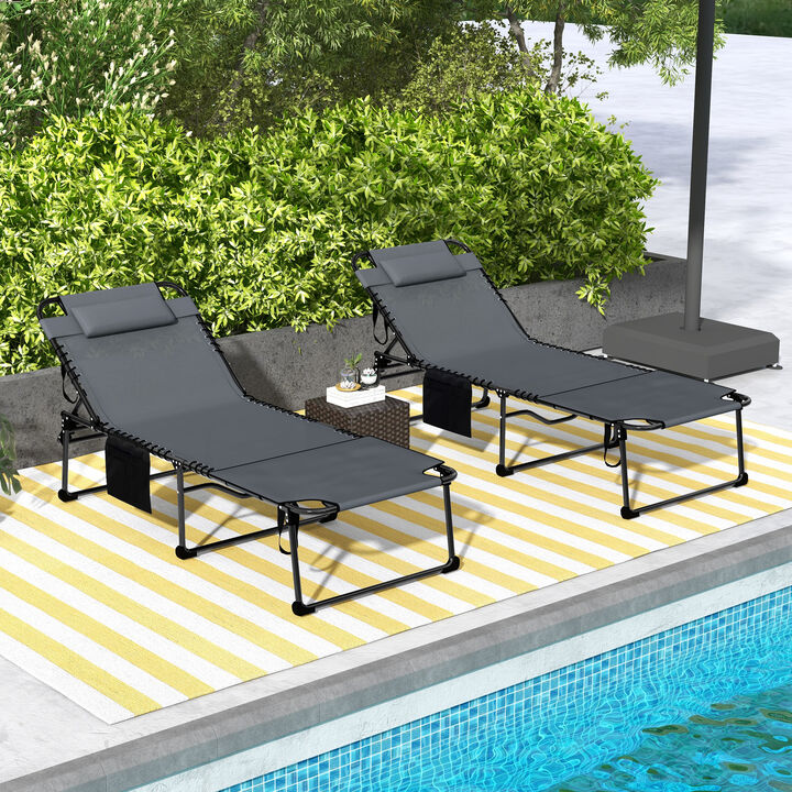 2-Piece Poolside Folding Chaise Lounge Chairs with Storage Pocket
