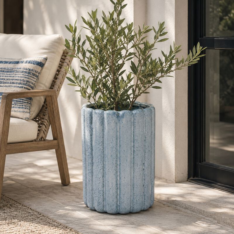 Scalloped Planter, Cylindrical Shape, Speckled Blue Ceramic 11 Inch image number 8