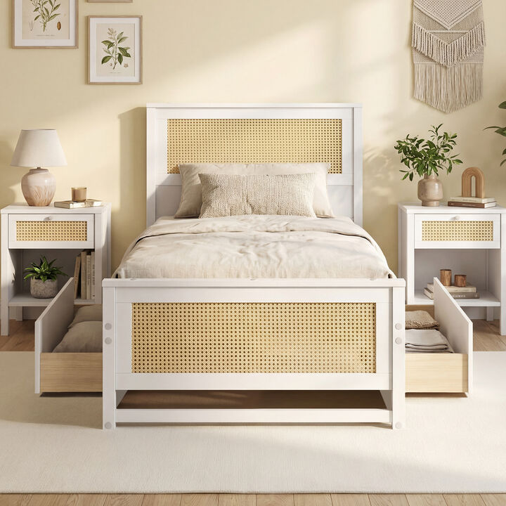 Twin Size Bed Frame with Rattan Headboard and Storage Drawers