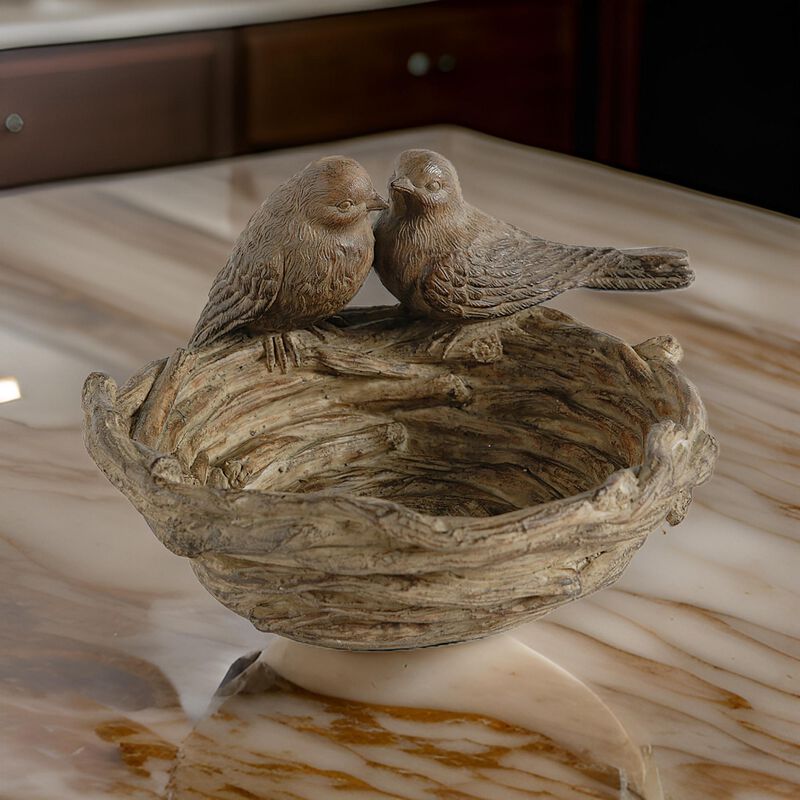 9 Inch Handcrafted Accent Table Bowl, Resin, Lovebirds Nest, Natural Brown - Benzara image number 5