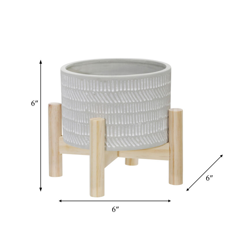 6" Ceramic Tribal Planter with Wood Stand, Beige