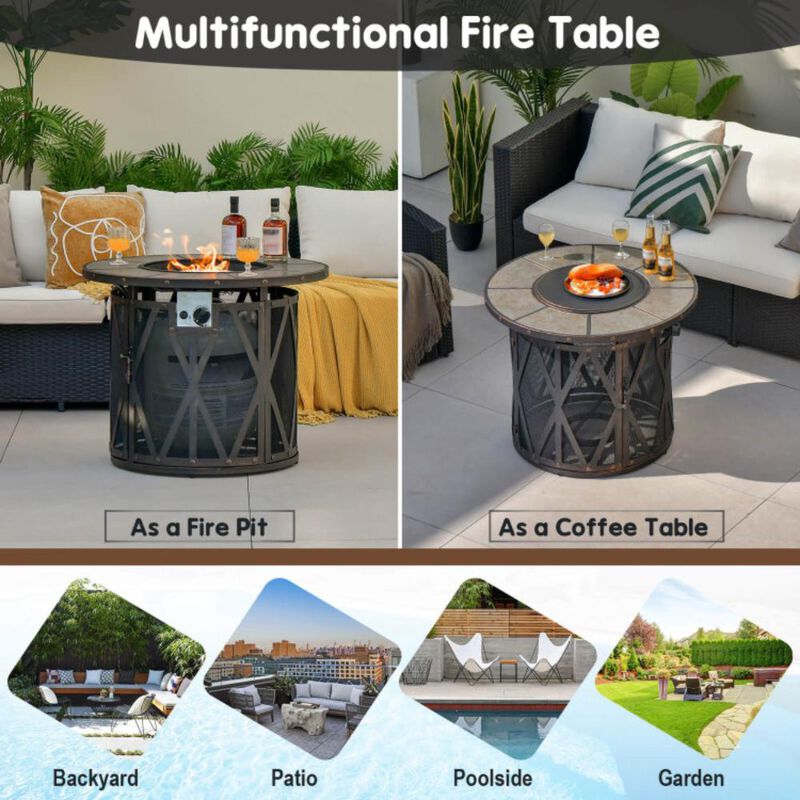 Hivvago 32 Inch 30000BTU Fire Pit Table with Fire Glasses and PVC Cover