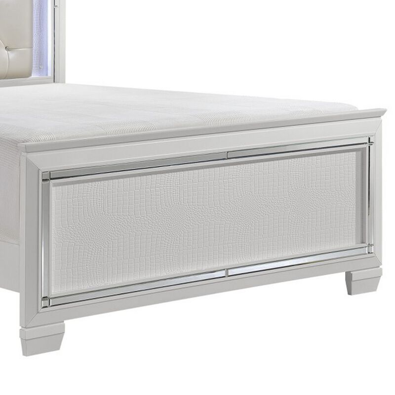 Noah California King Bed, LED Backlit Crystal Tufted Headboard, White - Benzara