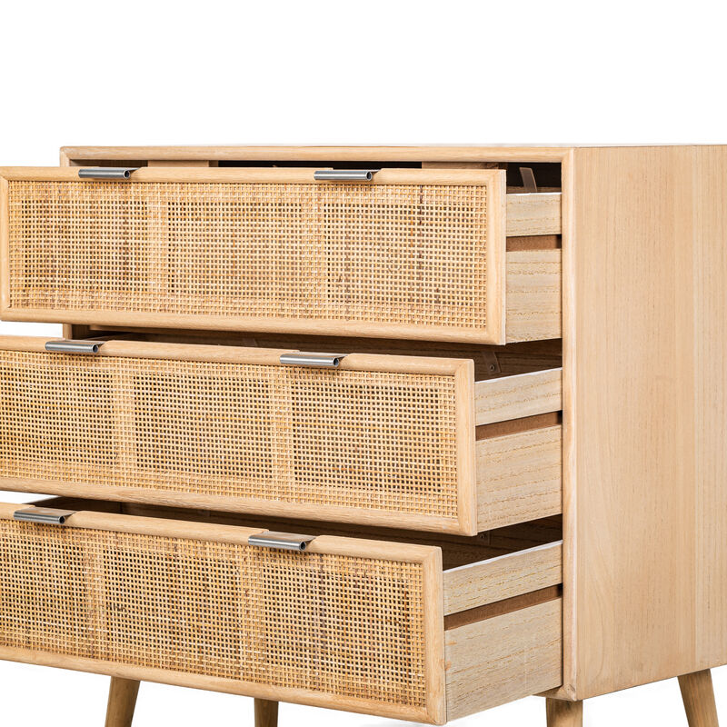 Scandinavian Bedroom Wooden Chest of Drawers with 3 Storage Drawers and Rattan Caning