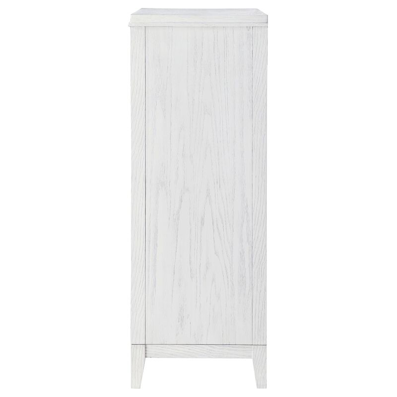 Leva Tall Dresser Chest, Distressed White Acacia Wood, 5 Drawers - Benzara
