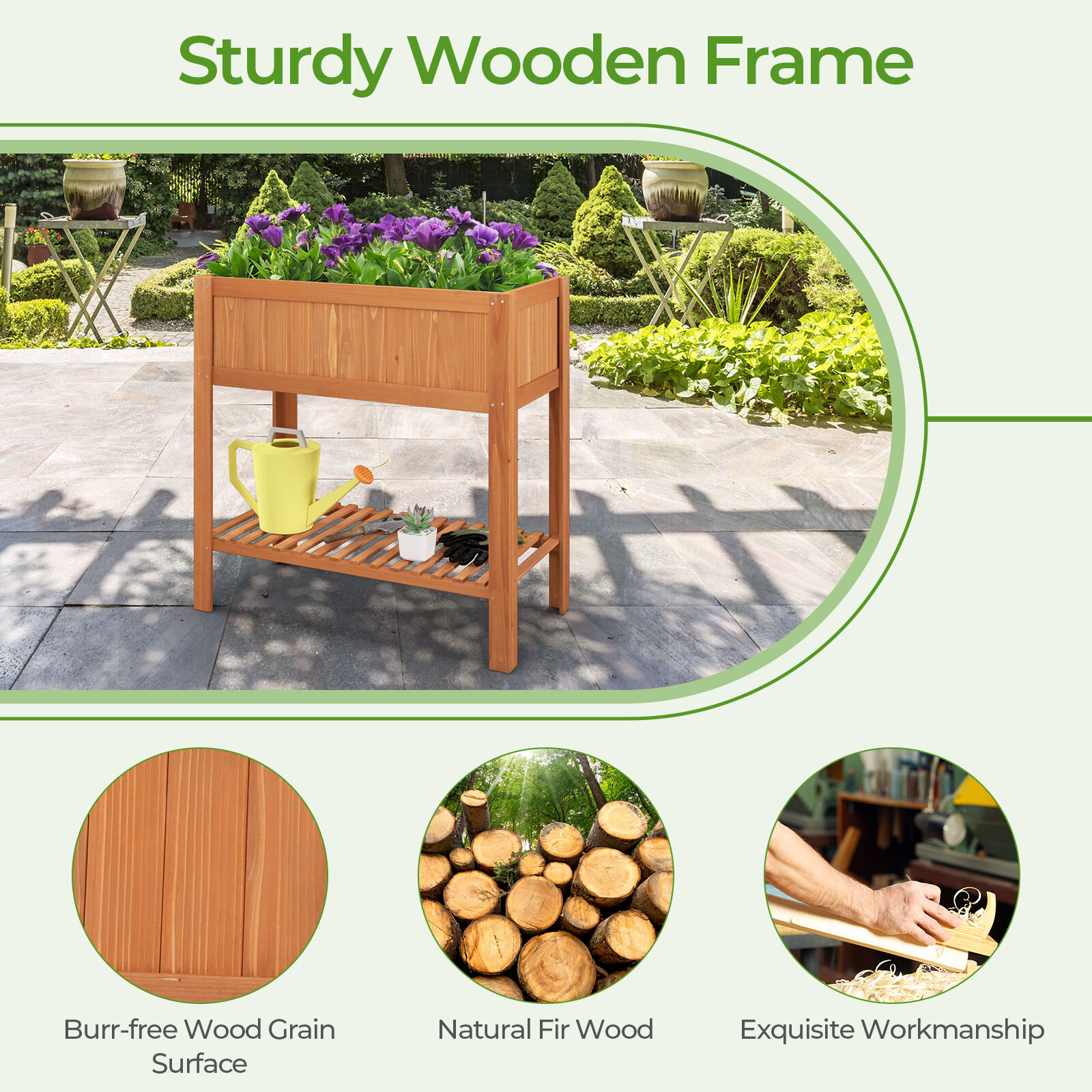 Outdoor Raised Garden Bed Fir Wood Planter Box with Bottom Storage