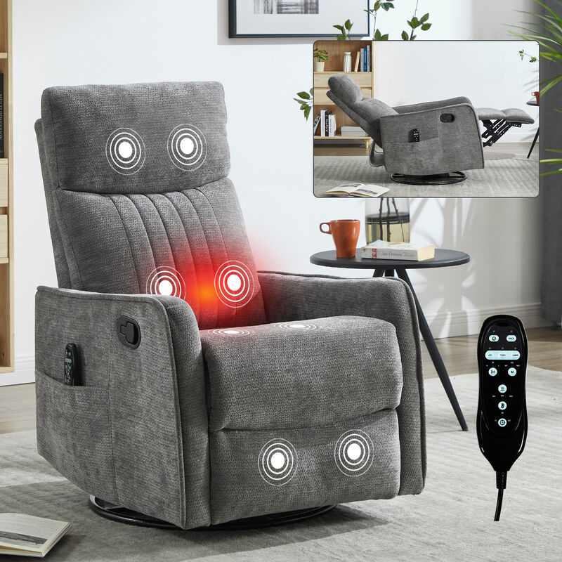 Heat Massage Manual Recliner Chair with Rocker and Swivel in Fabric for Living Room, Dark Grey