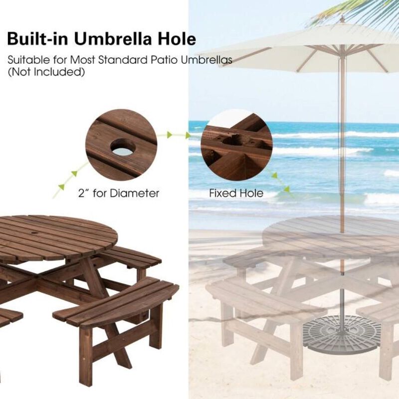 Hivvago 8-Set Outdoor Solid Wood Round Picnic Table with 4 Benches Patio Garden Dining Set