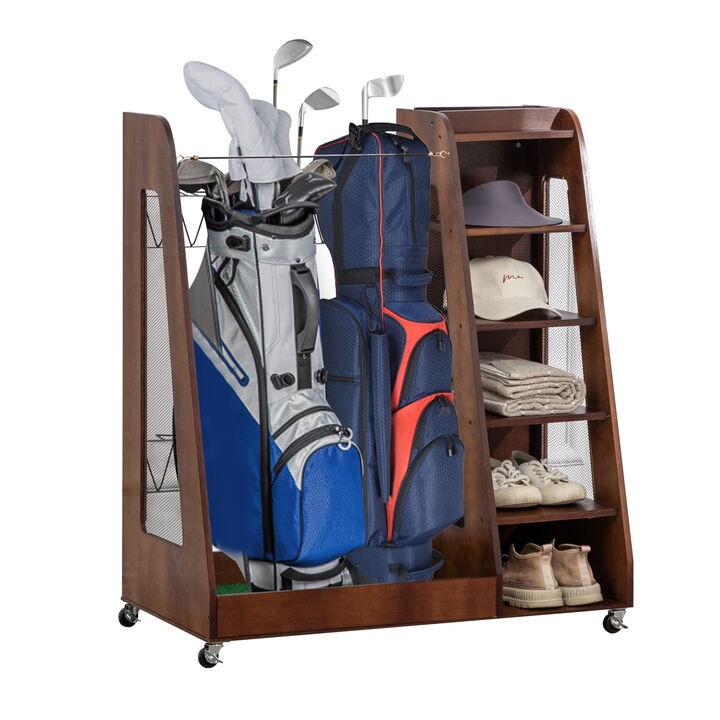 WOW PIONEER Heavy Duty Wooden Golf Bag Storage Rack with 3 Drawers - Holds Stand Bags, Clubs, Balls, Shoes & Accessories