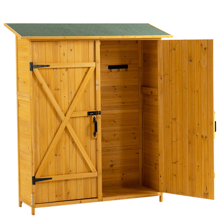 56"L x 19.5"W x 64"H Outdoor Storage Shed with Lockable Door, Wooden Tool Storage Shed w/Detachable Shelves & Pitch Roof, Natural
