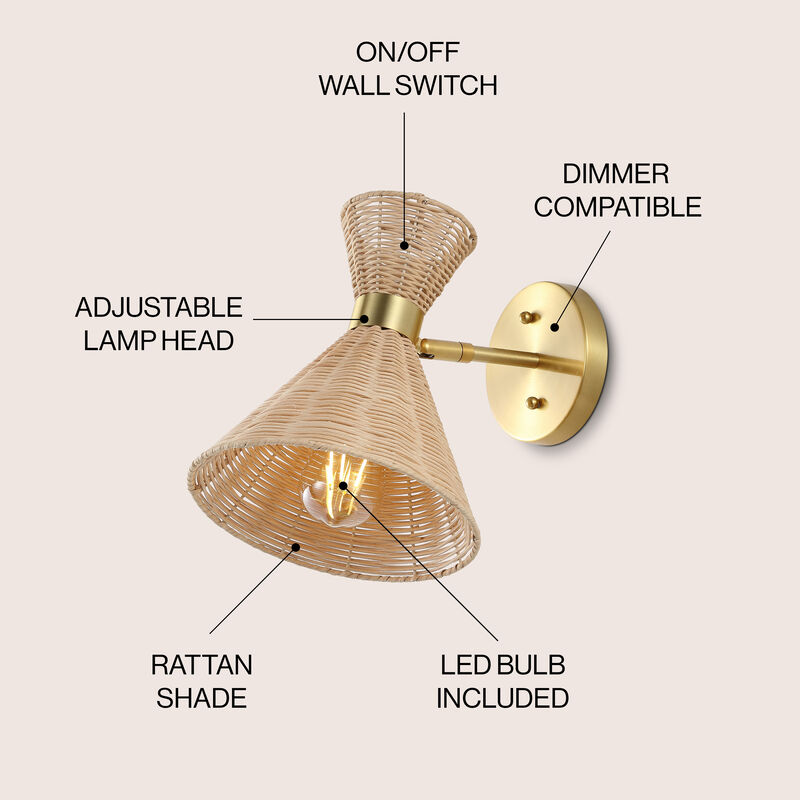 Zoey 10" 1-Light Mid-Century Vintage Retro Rattan/Metal LED Sconce with Adjustable Shade, Light Brown/Brass Gold