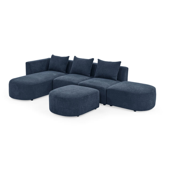 L Shaped Sectional Sofa including Two Single Seats, Left Side Chaise and Two Ottomans, Modular Sofa, DIY Combination, Loop Yarn Fabric, Navy