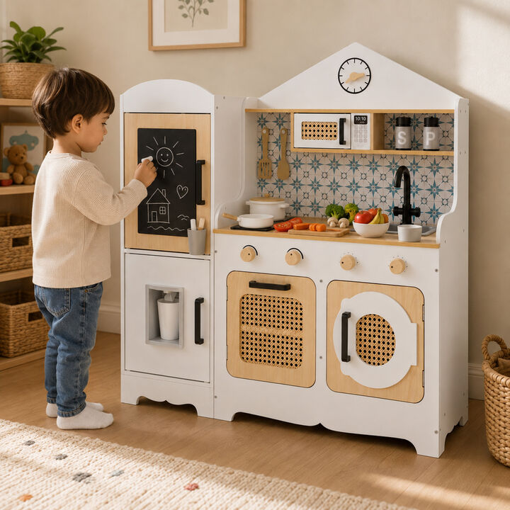 Teamson Kids Large Wooden Play Kitchen Set, White and Natural, Pretend Play kitchen, Fridge with Pretend Ice Dispenser with 11 Accessories, Little Chef Morocco