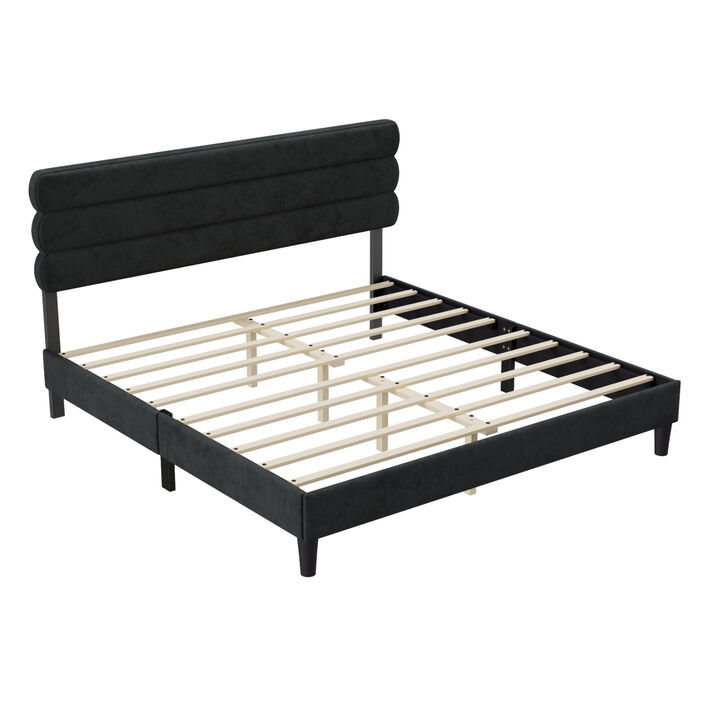 King Bed Frame with Headboard, Sturdy Platform Bed with Wooden Slats Support, No Box Spring, Mattress Foundation, Easy Assembly Dark grey