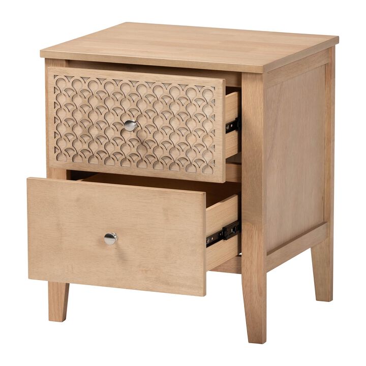 Baxton Studio Lara Nightstand - 2-Drawer Bedside Table with Laser-Cut Geometric Overlay for Bedroom or Guest Room