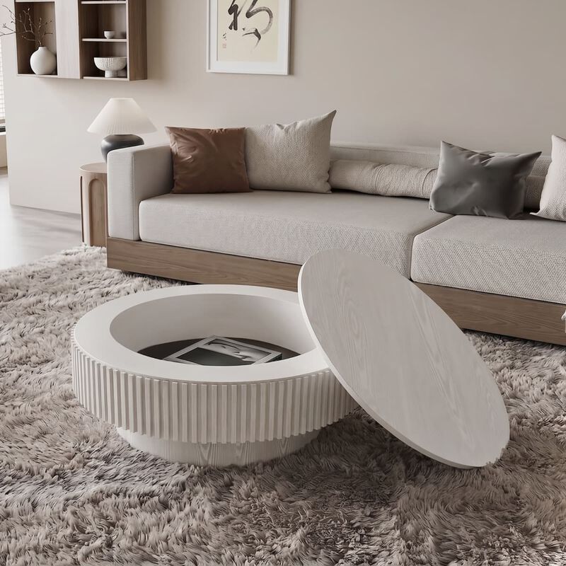 Round coffee table with storage Solid wood veneer and MDF coffee table with fluted base Modern accent coffee table for small spaces image number 1