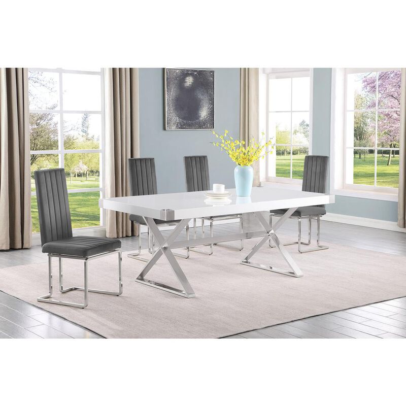Best Quality Furniture 5pc Small(78) white wood top dining set with silver base and 4 chairs