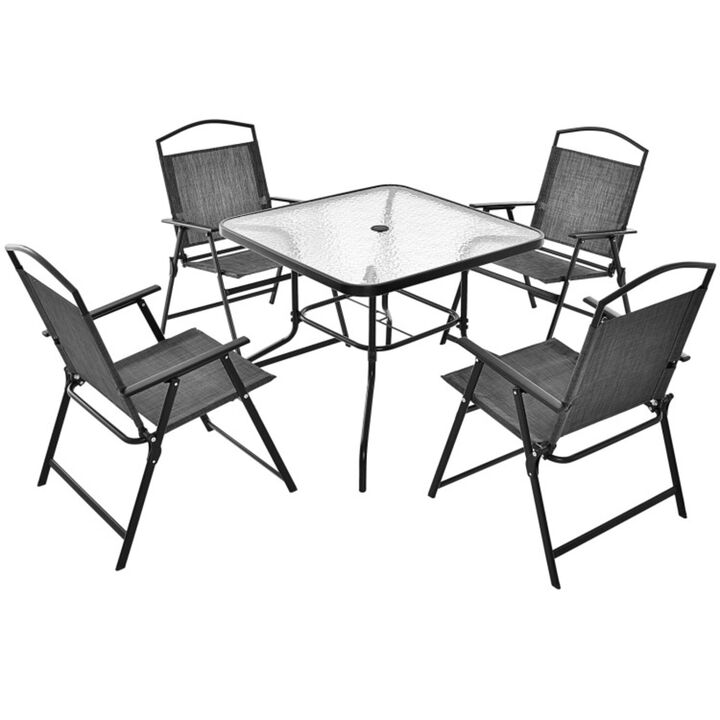 Mondawe 5-Piece Patio Dining Set,With 4 Foldable Chairs & Tempered Glass Table, Umbrella Hole