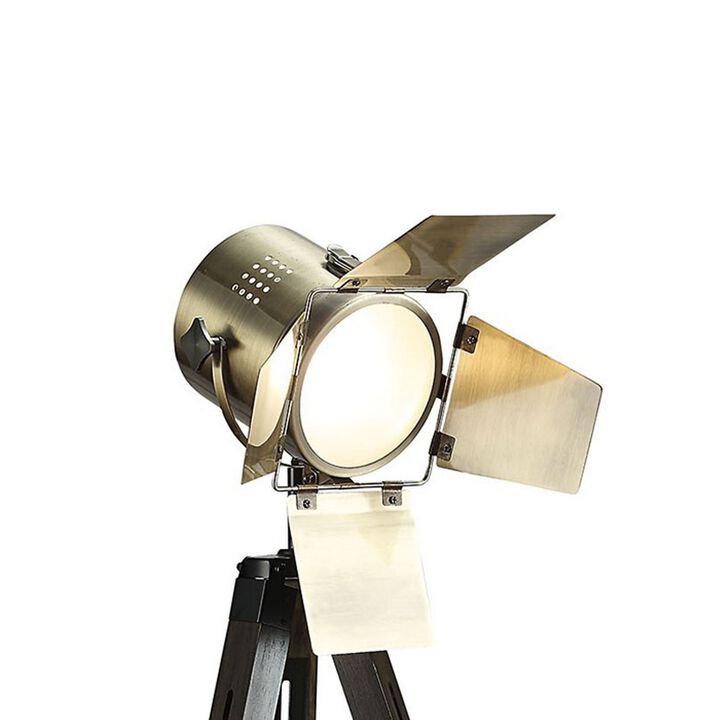 55 Inch Floor Lamp with Tripod Legs, Spotlight Design, Wood, Black Finish-Benzara